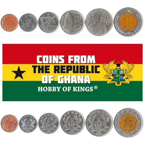 SET OF 6 COINS FROM GHANA. 1 5 10 20 50 PESEWAS 1 CEDI. OLD MONEY 2007 ...