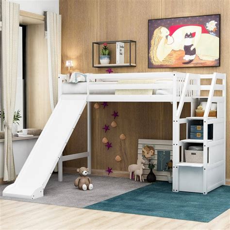 Harper & Bright Designs White Twin Size Wood Loft Bed with Storage and ...