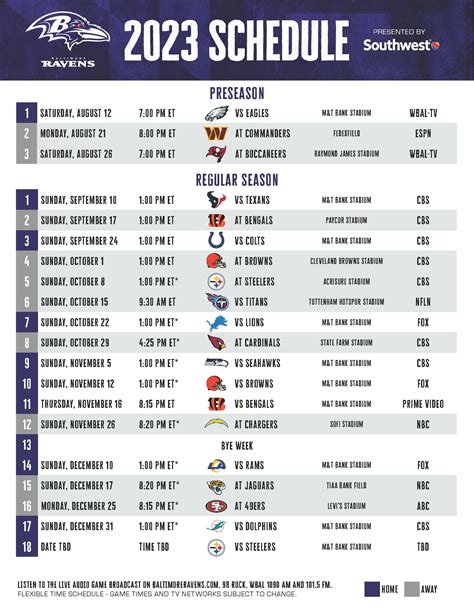 Baltimore Ravens 2023 Season - Printable Schedule | Maryland Stadium ...