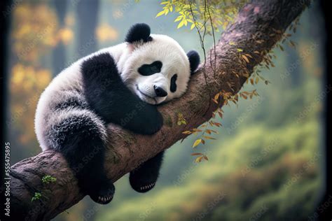 Panda Bear Sleeping on a Tree Branch, China Wildlife. Cute Lazy Baby ...