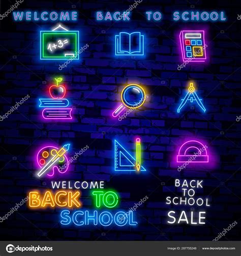 Back to School Welcome greeting card design template neon vector ...