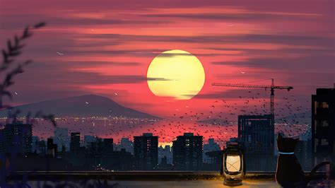 Cat Sunset City Scenery Anime 4K #860i Wallpaper PC Desktop