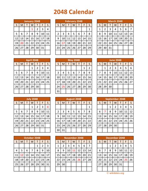 Full Year 2048 Calendar on one page | WikiDates.org