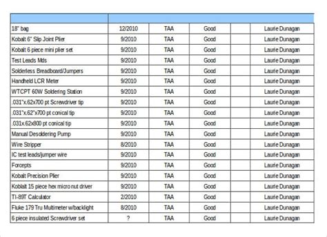 Tool Inventory List ~ Excel Templates