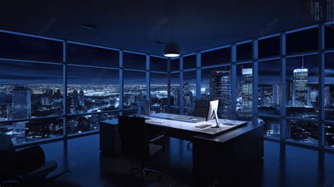 Desk And Night View Of A City Office Background, 3d Office With Night ...