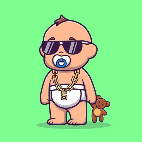 Free Vector | Cute Cool Baby Holding Teddy Bear Doll Cartoon Vector ...