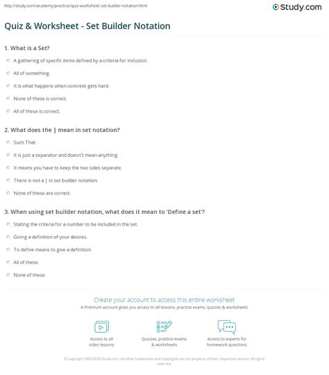 Quiz & Worksheet - Set Builder Notation | Study.com