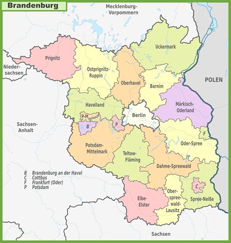 Administrative divisions map of Brandenburg - Ontheworldmap.com