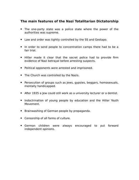 Key Features of a Totalitarian Dictatorship Worksheet