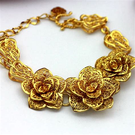 Flower Filigree Bracelet Solid Yellow Gold Filled Womens Bracelet ...