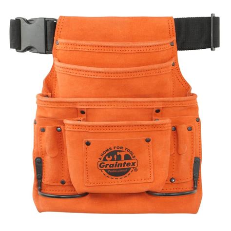 Graintex 10-Pocket Nail and Tool Pouch with Belt Orange Suede Leather w ...