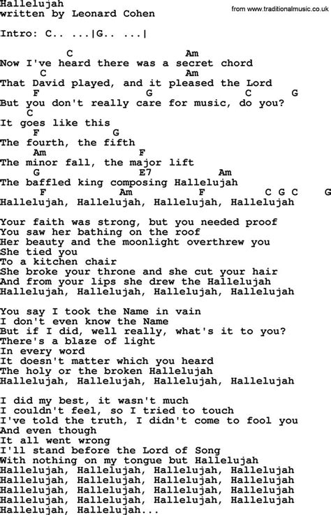 Leonard Cohen song Hallelujah, lyrics and chords | Hallelujah lyrics ...