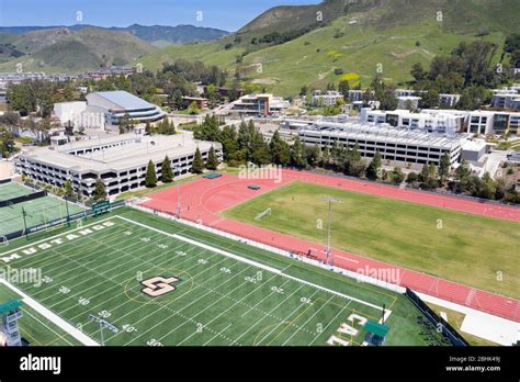 Aerial view above the campus of Cal Poly San Luis Obispo, California ...