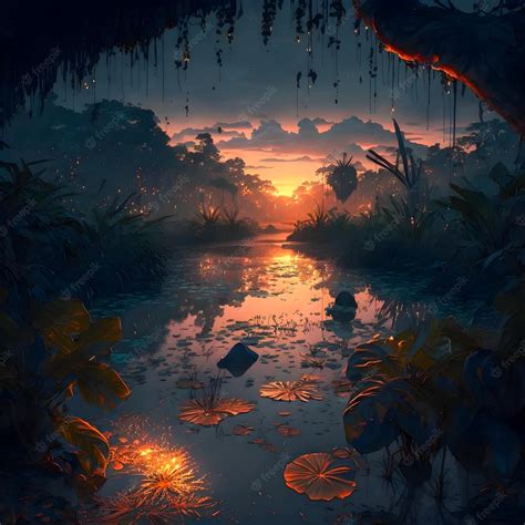 Premium Photo | Beautiful sunset scenery amazon jungle illustartion