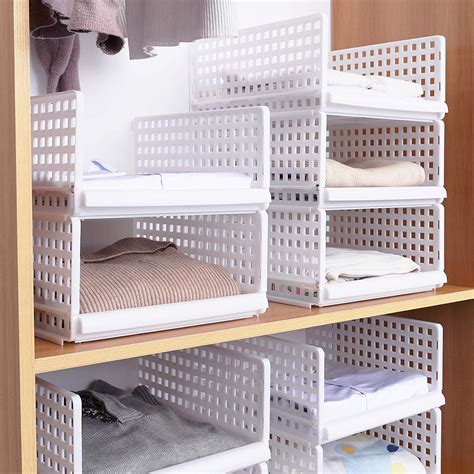 Set of 4 Stackable Wardrobe Storage Box Organizer, Plastic White ...