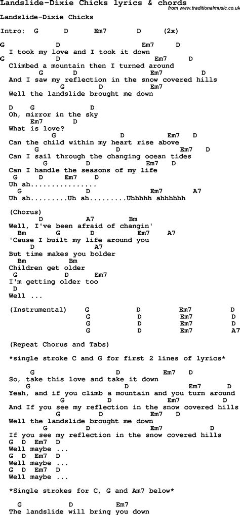 Love Song Lyrics for:Landslide-Dixie Chicks with chords.