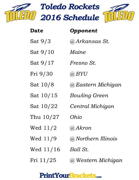 Printable Toledo Rockets Football Schedule 2016 | Toledo rockets ...