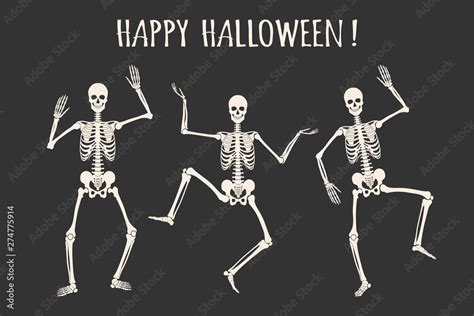 Dancing human skeletons. Happy Halloween. White skeleton silhouettes ...