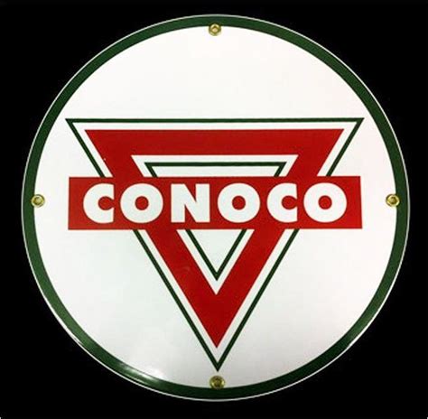 12" / 30 cm round Conoco logo porcelain brand sign. With 4 holes to ...