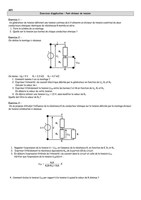 MPI Exercices d`application : Pont diviseur de tension Exercice.1