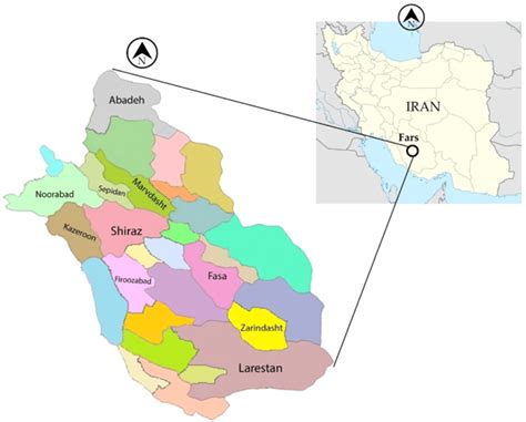 Map of Fars province within Iran shows the counties (enlarged map on ...