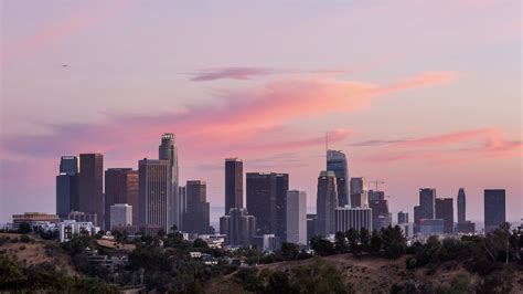 (HD) Downtown Los Angeles Skyline Day to Night Pink Sunset Wide ...