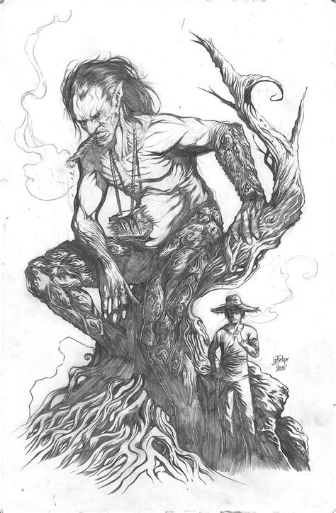 a drawing of a man sitting on top of a tree