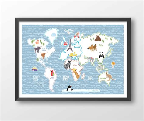 Kids World Map With Animals Children's World Map Poster - Etsy