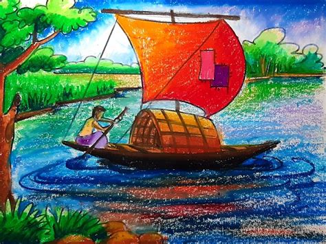 Scenery with boat// village scenery with boatman | Art drawings for ...