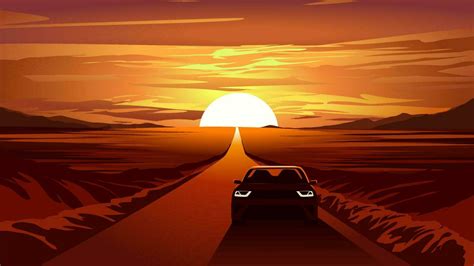 Vector illustration of a car driving on desert road with sunset in the ...