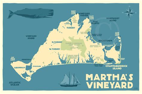 Martha's Vineyard Map Art Print 36" x 53" Travel Poster By Alan Claude ...