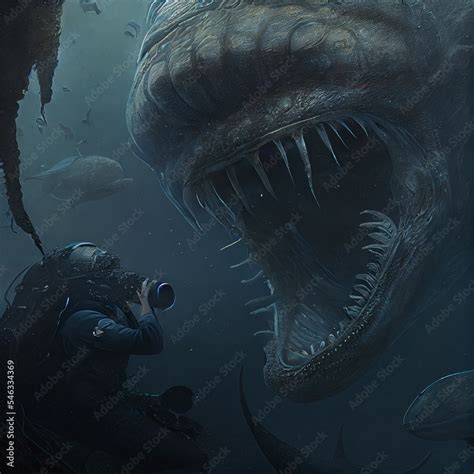 Underwater horror whale ocean deep sea creature concept art, bones ...