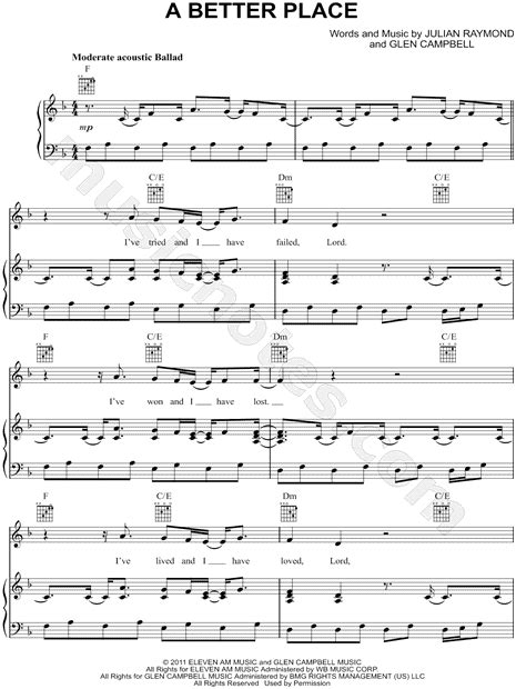 Glen Campbell "A Better Place" Sheet Music in F Major (transposable ...