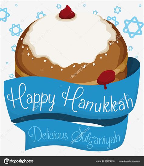 Sufganiyah with Blue Ribbons around it and Stars for Hanukkah, Vector ...