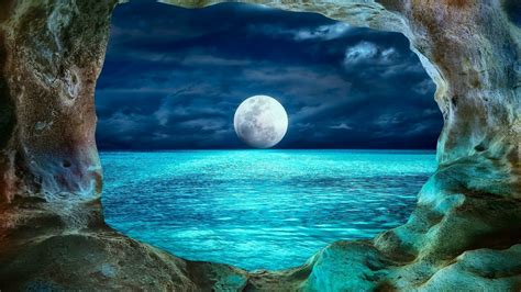 Download Ocean Cave Night Full Moon Nature Moon HD Wallpaper