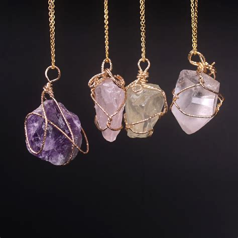 New Classic Handmade Twining Irregular Natural Stone Pendant Amethyst ...