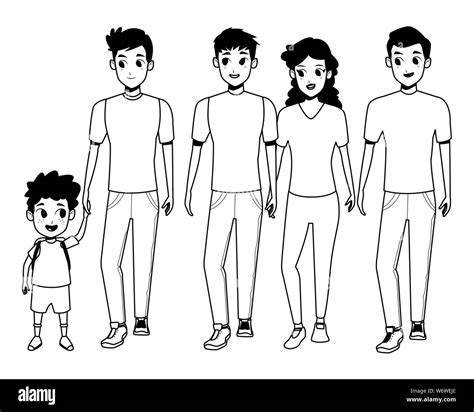 Family young parents with children cartoon in black and white Stock ...