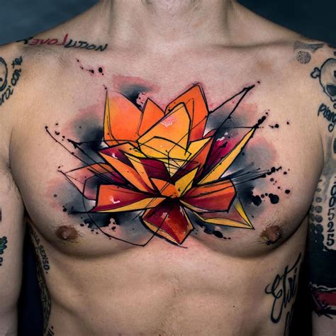 Lotus Flower Watercolor Chest Tattoo