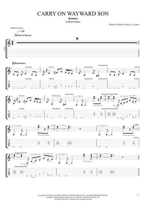 Carry On Wayward Son by Kansas - Full Score Guitar Pro Tab | mySongBook.com