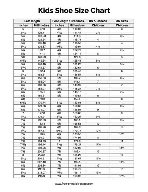 Kids Shoe Size Chart – Free Printable Paper