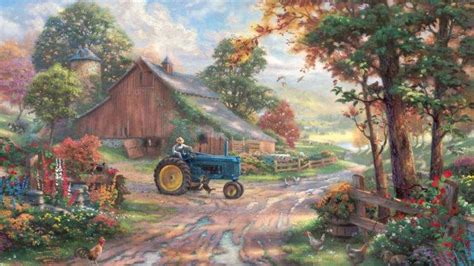 Thomas Kinkade, Painting, Farm, Barns, Chickens, Tractors, Flowers ...