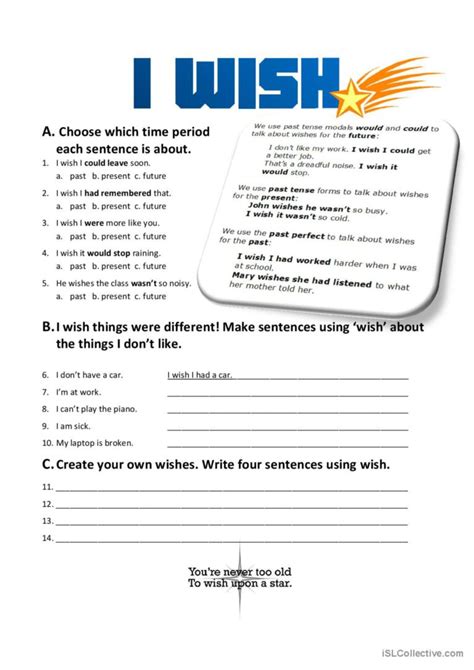 I Wish grammar guide: English ESL worksheets pdf & doc