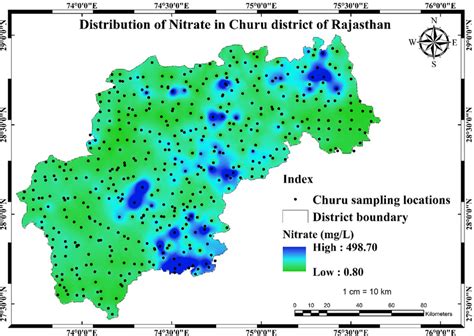 Spatial interpolation map of NO3⁻ distribution of Churu District of ...