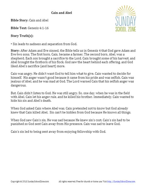 Cain and Abel Story Summary on Sunday School Zone