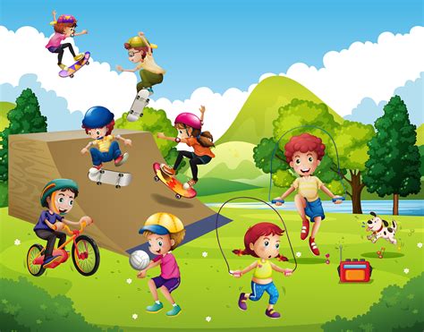 Kids playing different sports in park 447884 Vector Art at Vecteezy