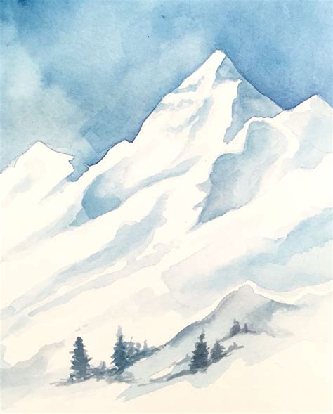 a watercolor painting of a snowy mountain with pine trees