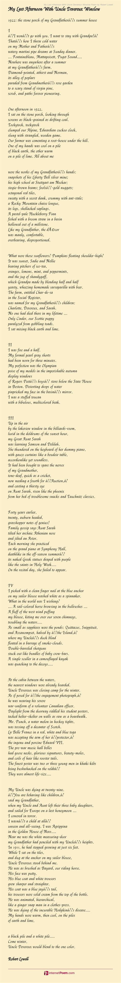 My Last Afternoon With Uncle Devereux Winslow Poem by Robert Lowell