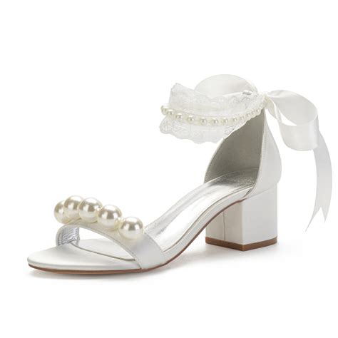 Elegant white ivory bridal shoes satin wedding sandals lower block ...