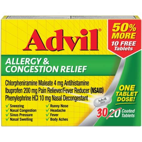 Advil Allergy & Congestion Relief Ibuprofen Coated Tablets 200 mg, 30 ...