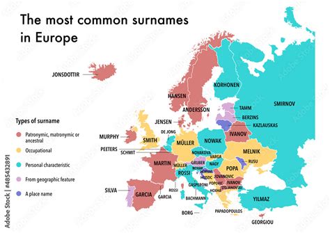 Country map with the most common surnames in Europe Stock Illustration ...